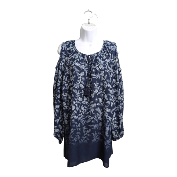 Catherines Blue Floral Chiffon Blouse Cold Shoulder Long Sleeve Semi Sheer 1X - Picture 1 of 12